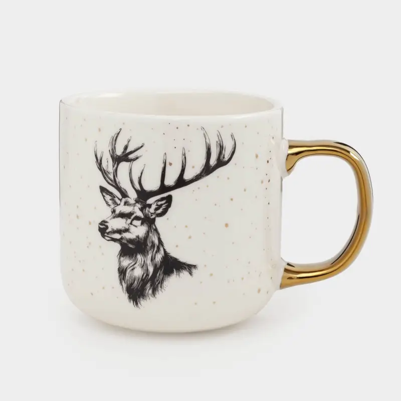 Кружка, 400 мл, фарфор N, бело-золотистая, в крапинку, Олень, Deer, image-0