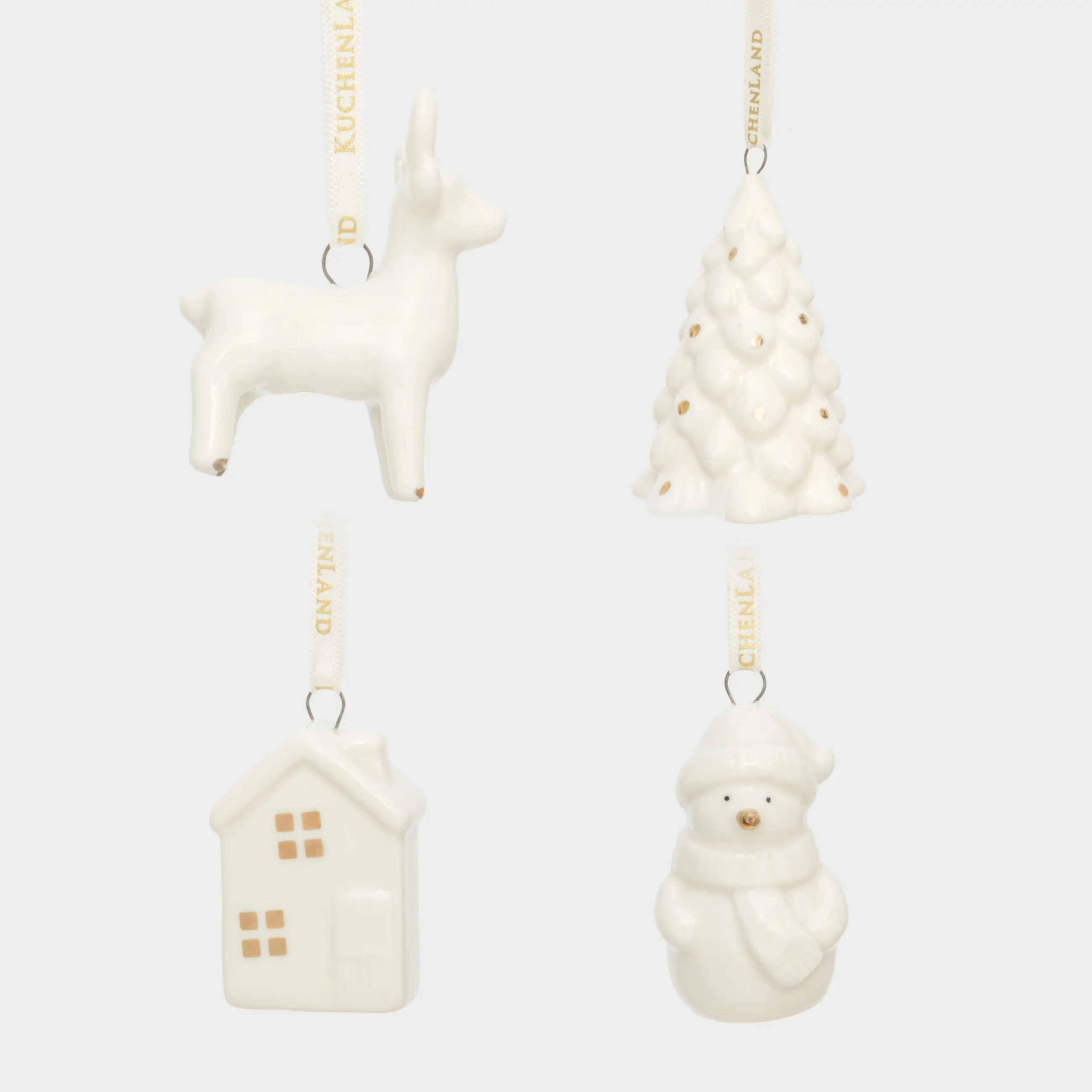 Набор елочных игрушек, 5 см, 4 шт, фарфор P, белый, Дом/Ель/Снеговик/Олень, Figure christmas