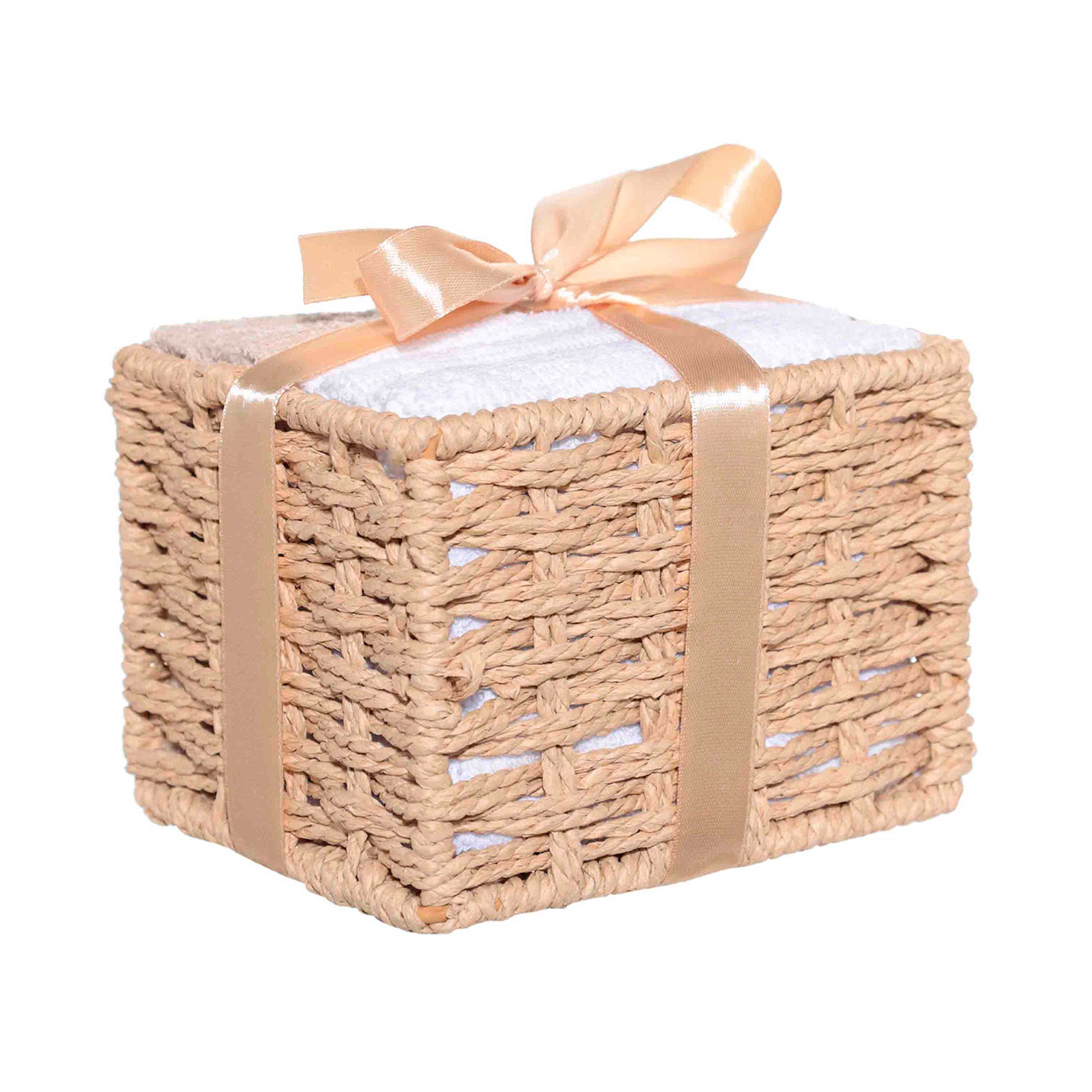 Полотенце, 30х30 см, 6 шт, в корзине с бантом, хлопок, бежевое/белое, Basket towel, image-1