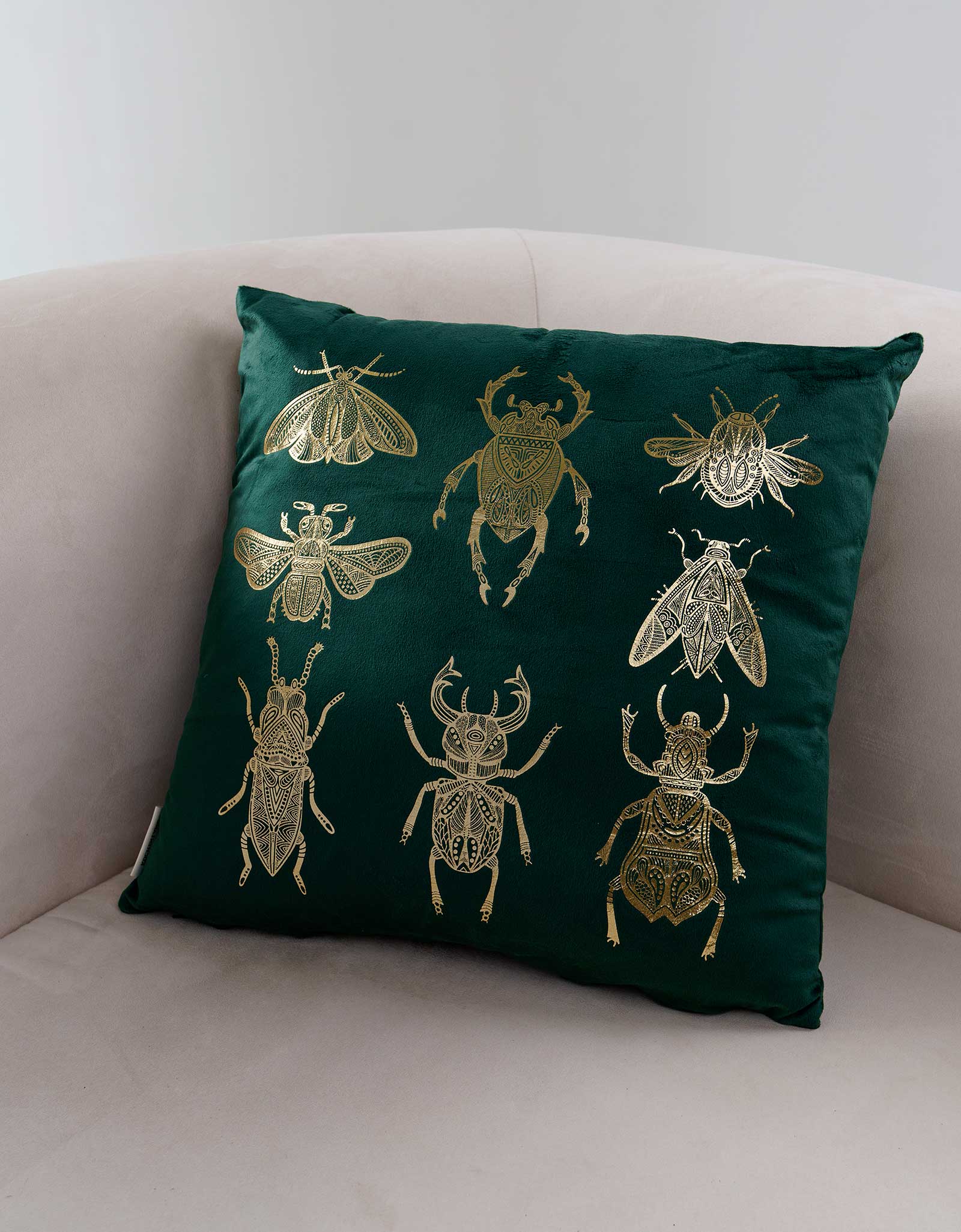 Подушка декоративная, 45х45 см, вельвет, зеленая, Жуки, Bugs