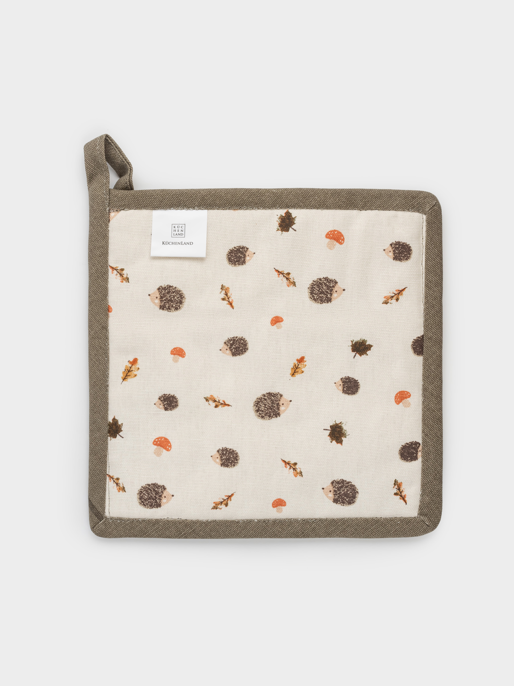 Прихватка, 20х20 см, хлопок, бежевая, Ежи, листья и грибы, Autumn hedgehog, image-4