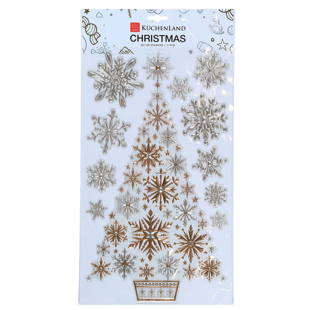 

Набор наклеек, 48х25 см, 11 шт, одноразовые, ПВХ/фольга, Елка из снежинок, Christmas