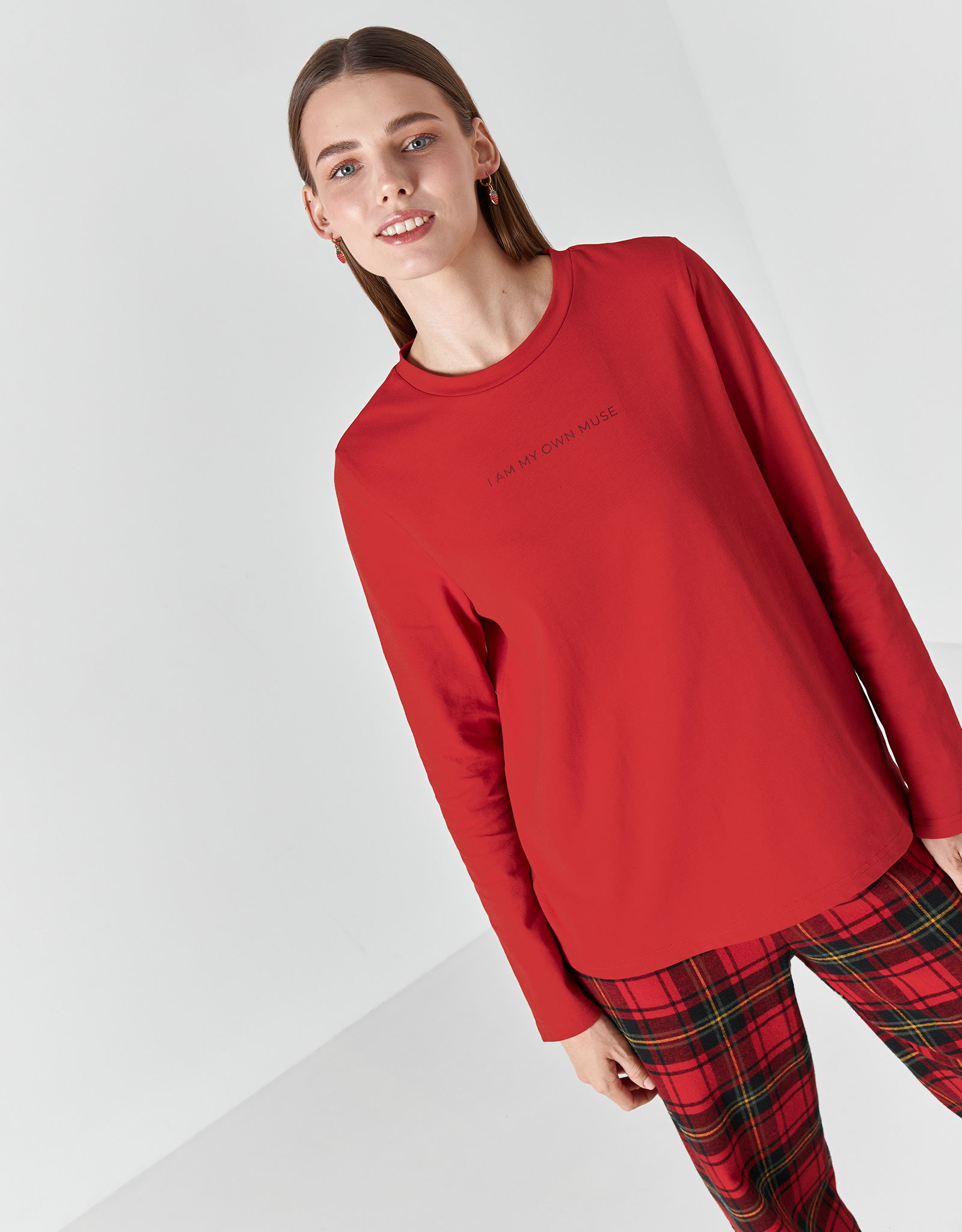 Костюм женский, с брюками, хлопок, зелено-красный, Клетка, Anllela, image-4