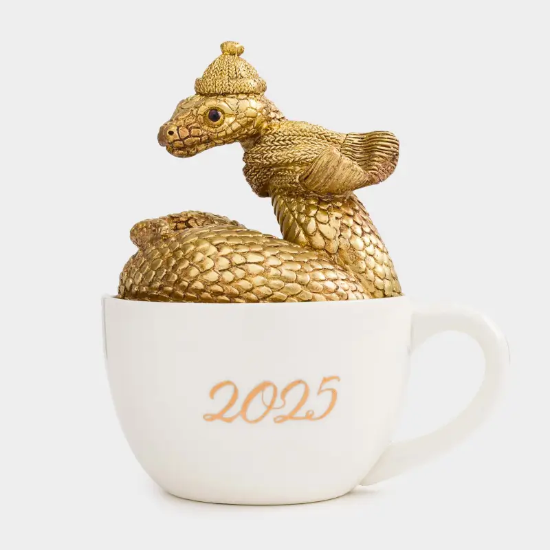 Статуэтка, 14 см, полирезин/керамика, золотисто-белая, Змея в кружке, Snake gold, image-0