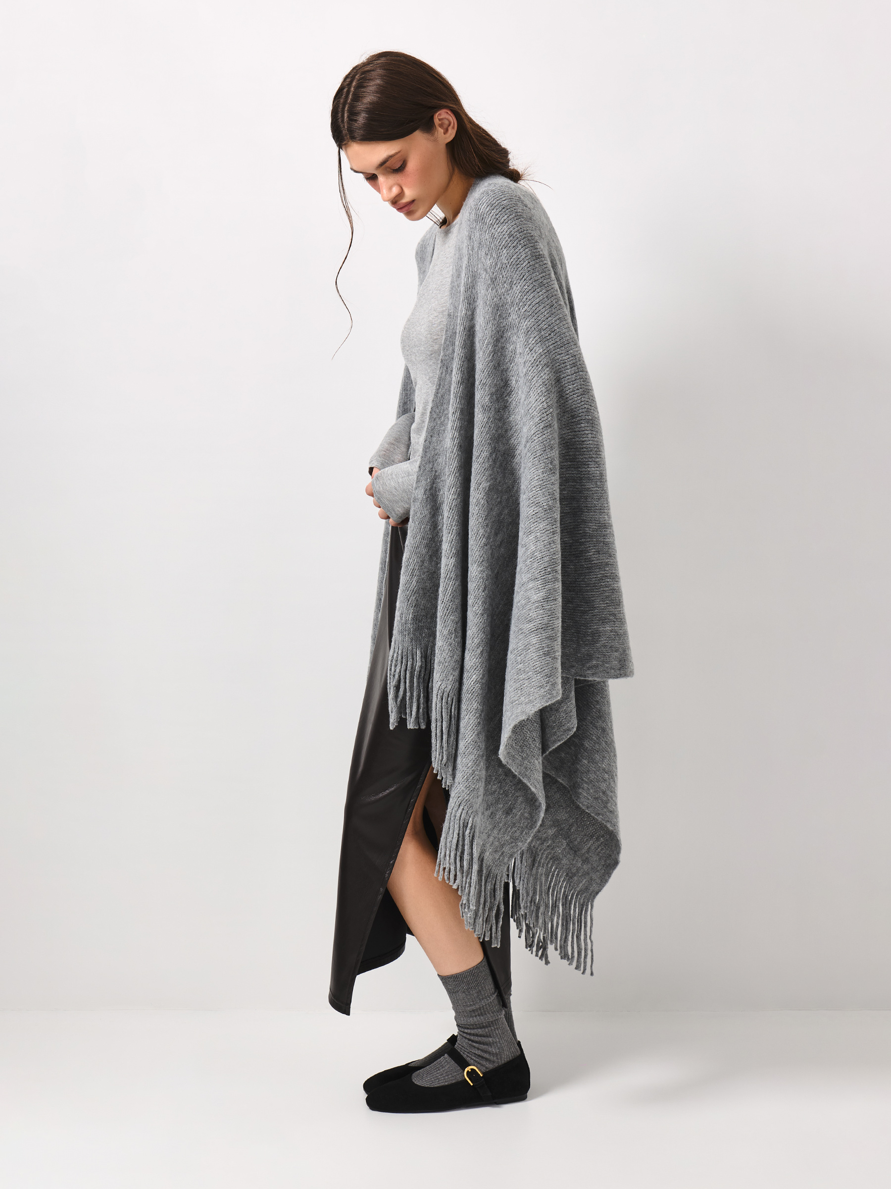 Пончо, 135х150 см, с бахромой, акрил, серое, Poncho, image-3