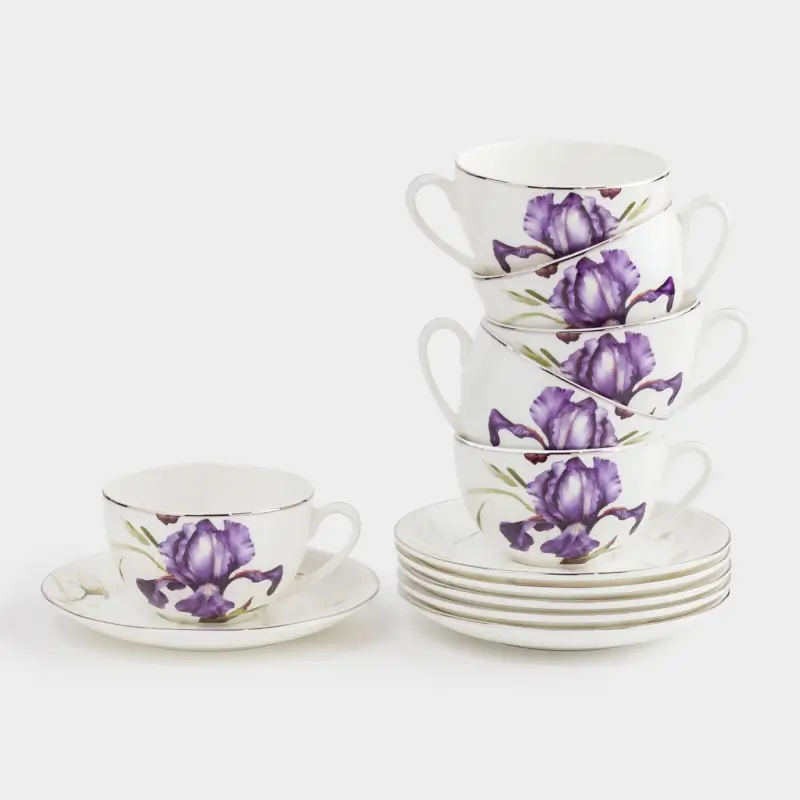 Пара чайная, 6 перс, 12 пр, 300 мл, фарфор F, с серебристым кантом, Ирис, Antarctica Flowers ,image-0