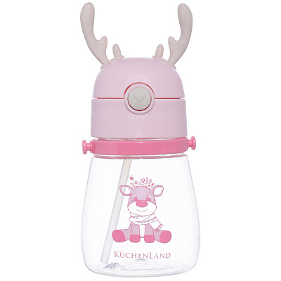 Бутылка-поильник, детский, 400 мл, с ремешком, пластик, розовый, Bambi