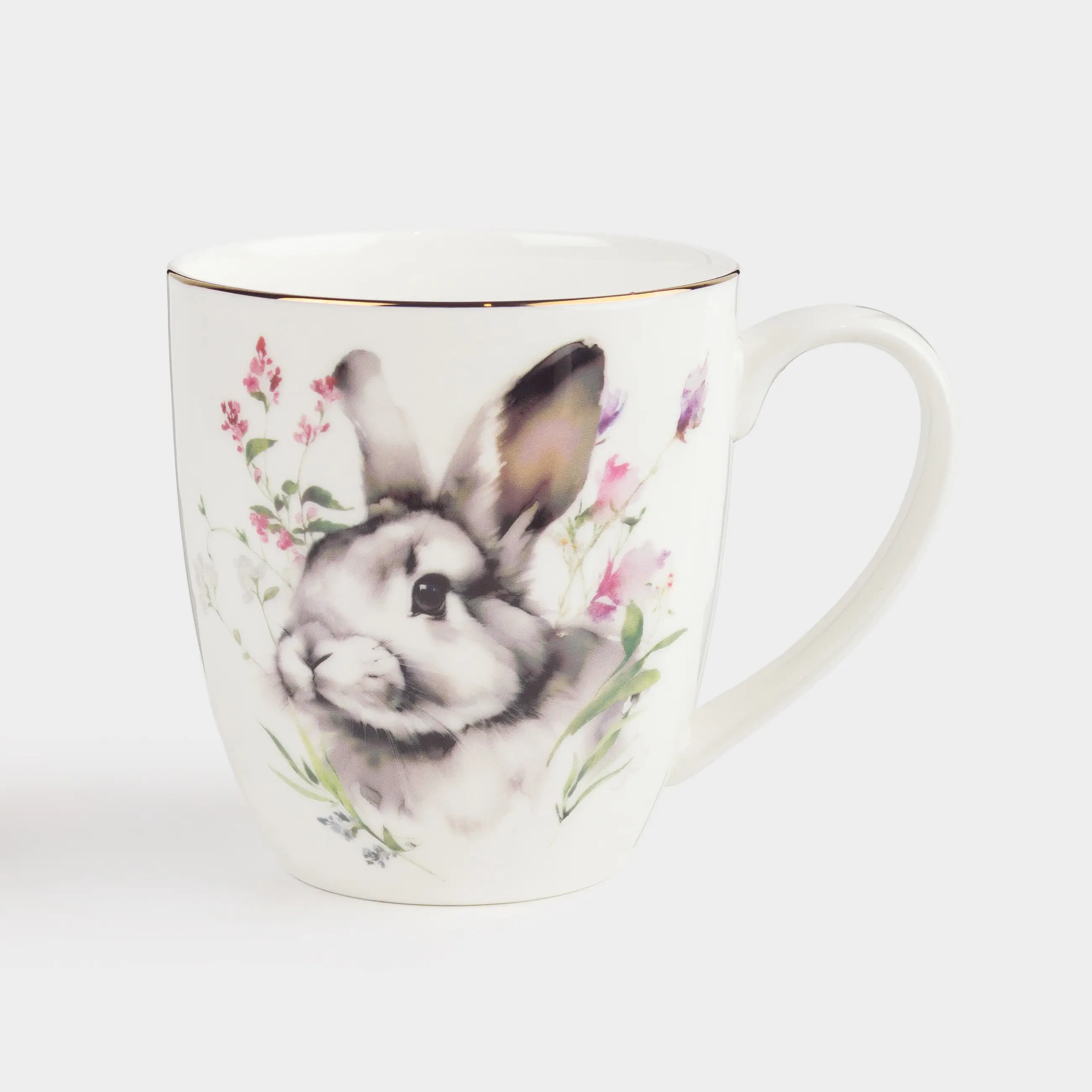 Кружка, 370 мл, фарфор F, белая, с золотистым кантом, Кролик в цветах, Easter, image-0