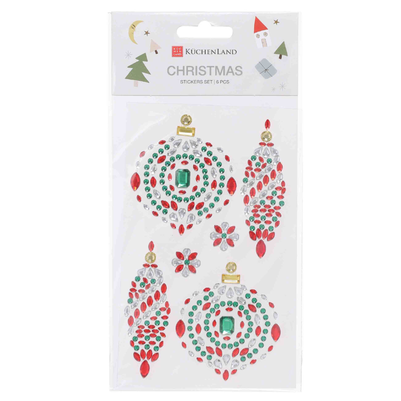 

Набор наклеек, 16х10 см, 6 шт, одноразовые, акрил, Шары из страз, Christmas