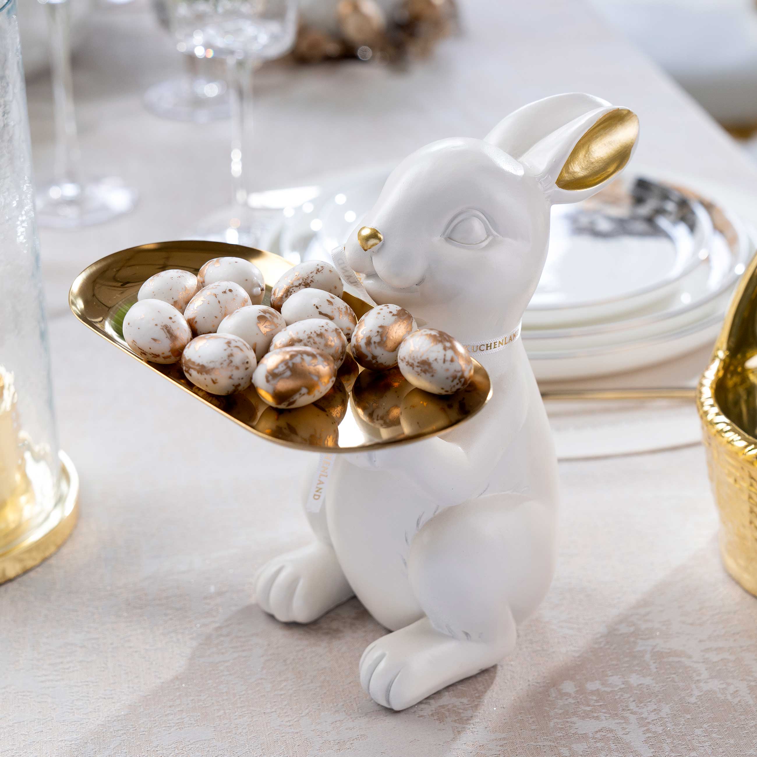 Блюдо декоративное, 20 см, полирезин/металл, бело-золотистое, Кролик с подносом, Easter gold изображение № 8