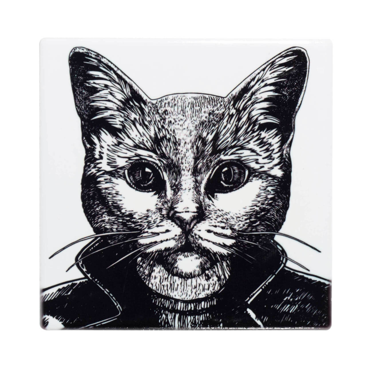 

Подставка под кружку, 11x11 см, керамика/пробка, квадратная, Кот в косухе, Brutal style