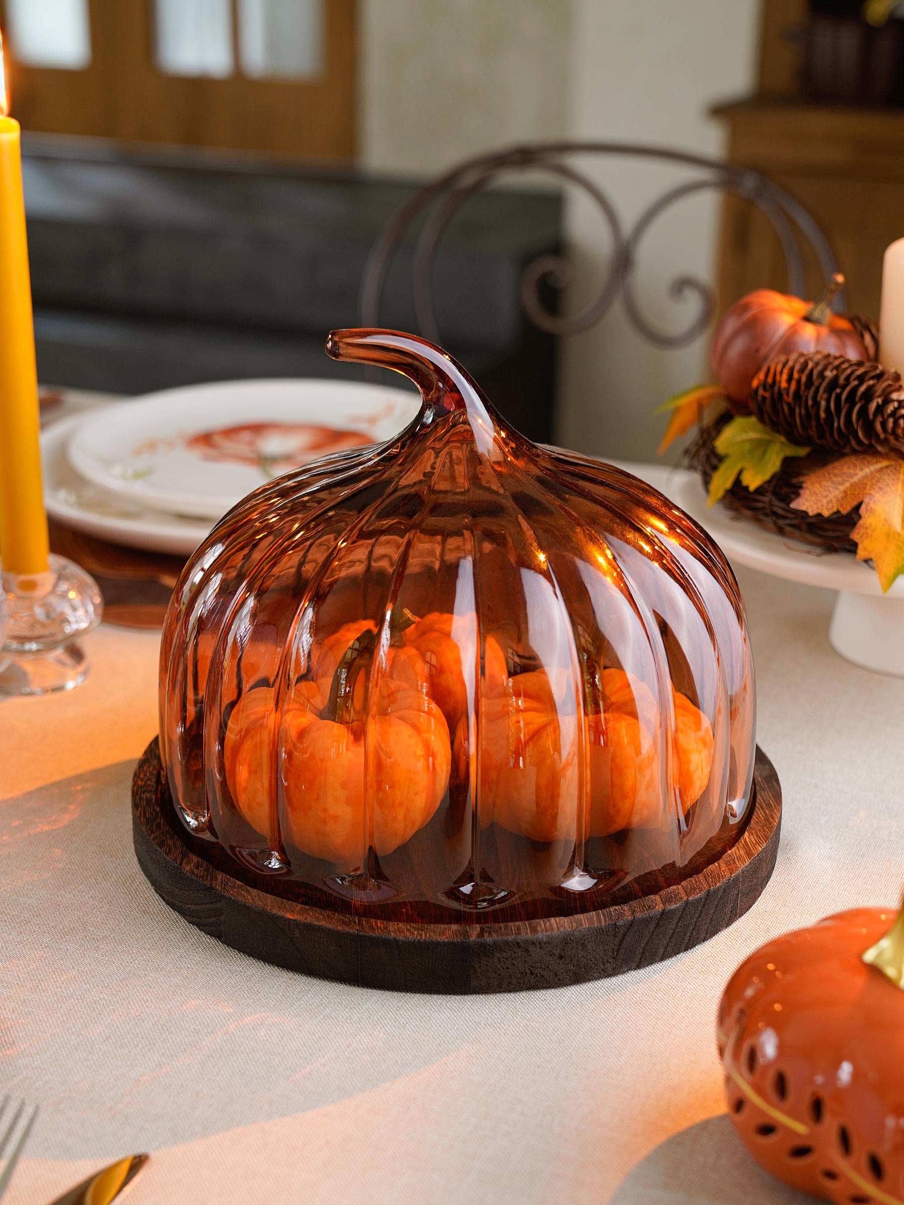 Блюдо с крышкой, 24х19 см, дерево/стекло, круглое, янтарное, Тыква, Pumpkin, image-6