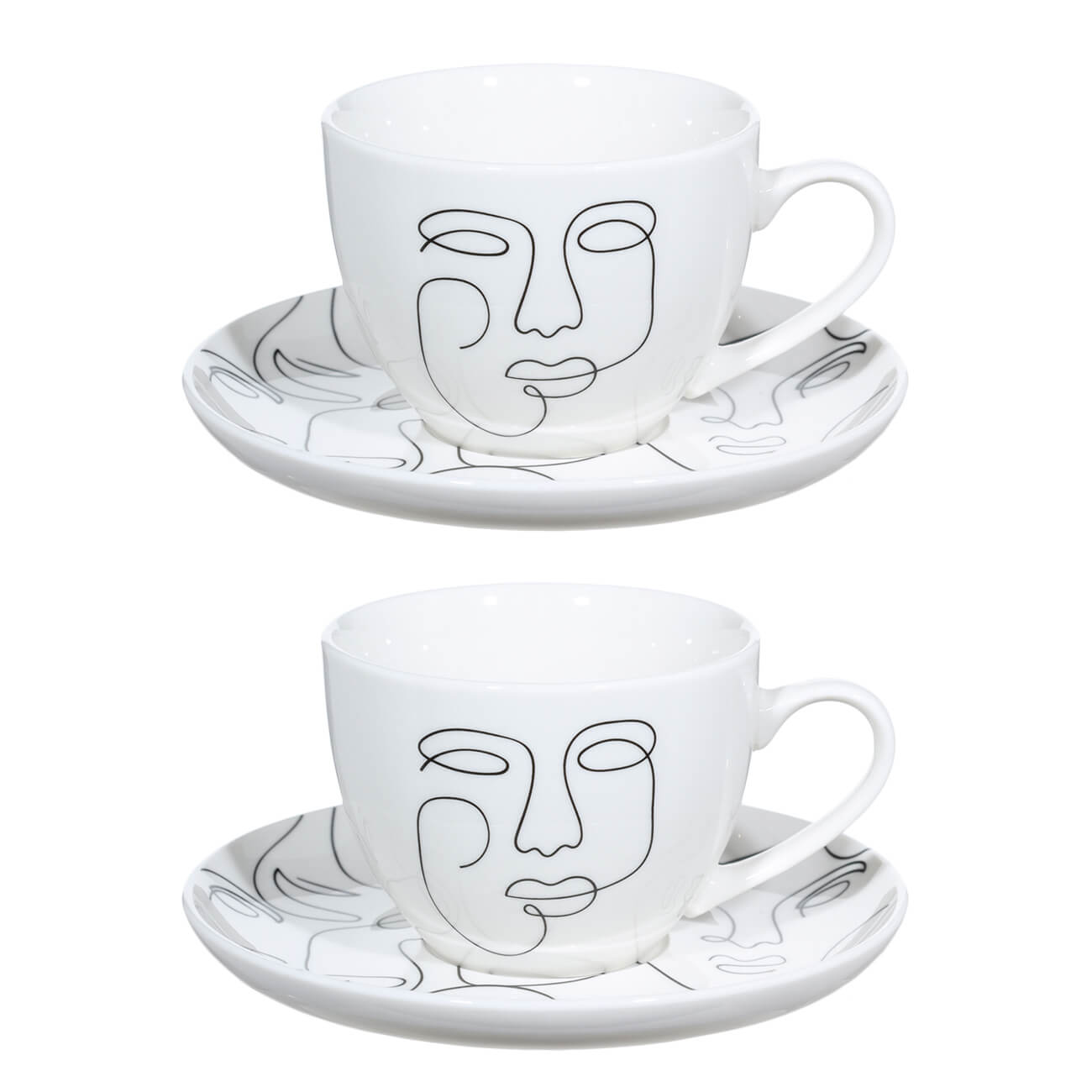 Пара чайная, 2 перс, 4 пр, 220 мл, фарфор N, белая, Контурные лица, Face изображение № 1