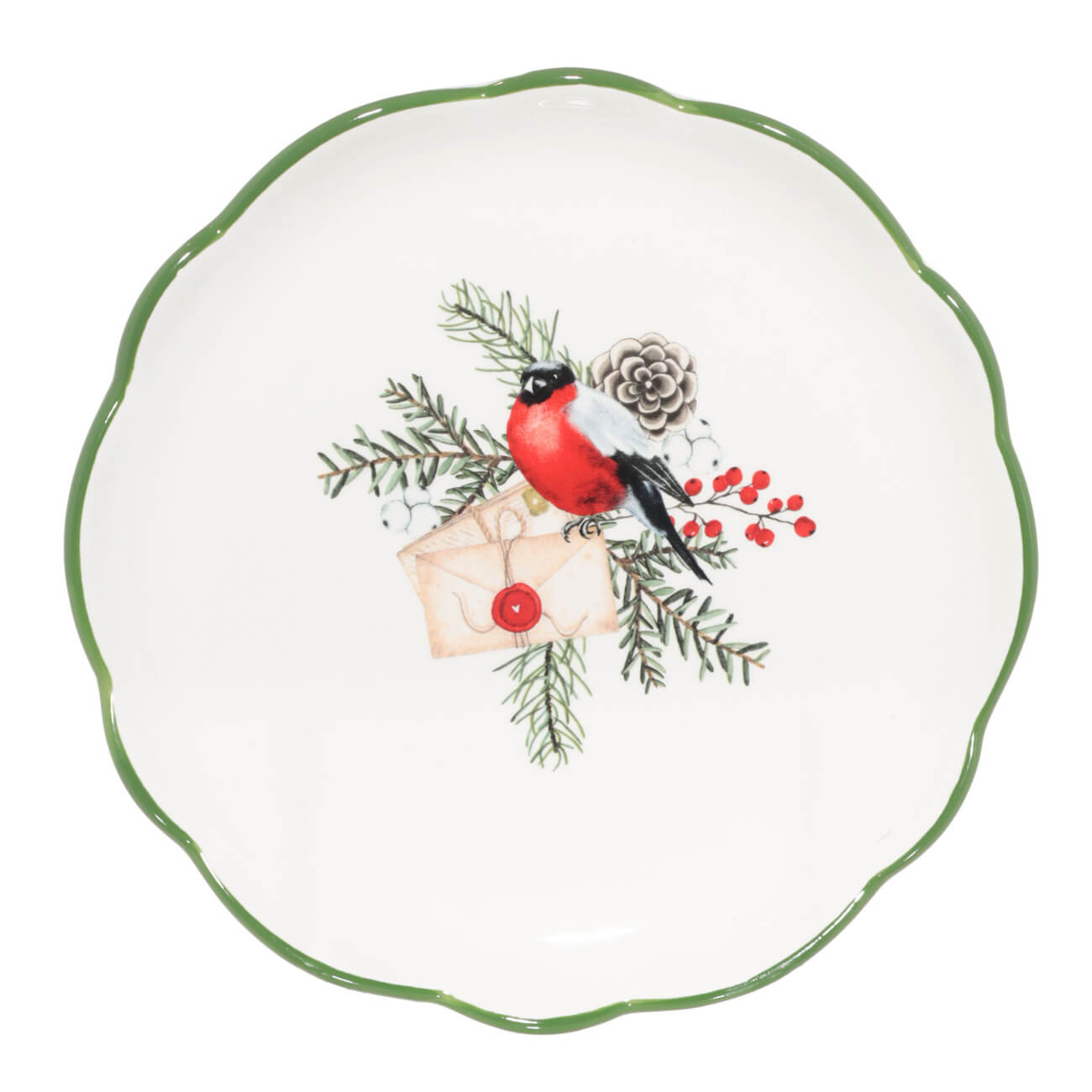 Тарелка закусочная, 20 см, керамика, Снегирь на ветке, Christmas green