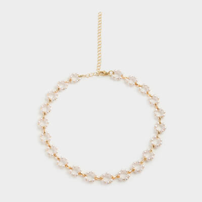 Цепочка, 45 см, пластик/металл, белая, Цветы из бусин, Pearl