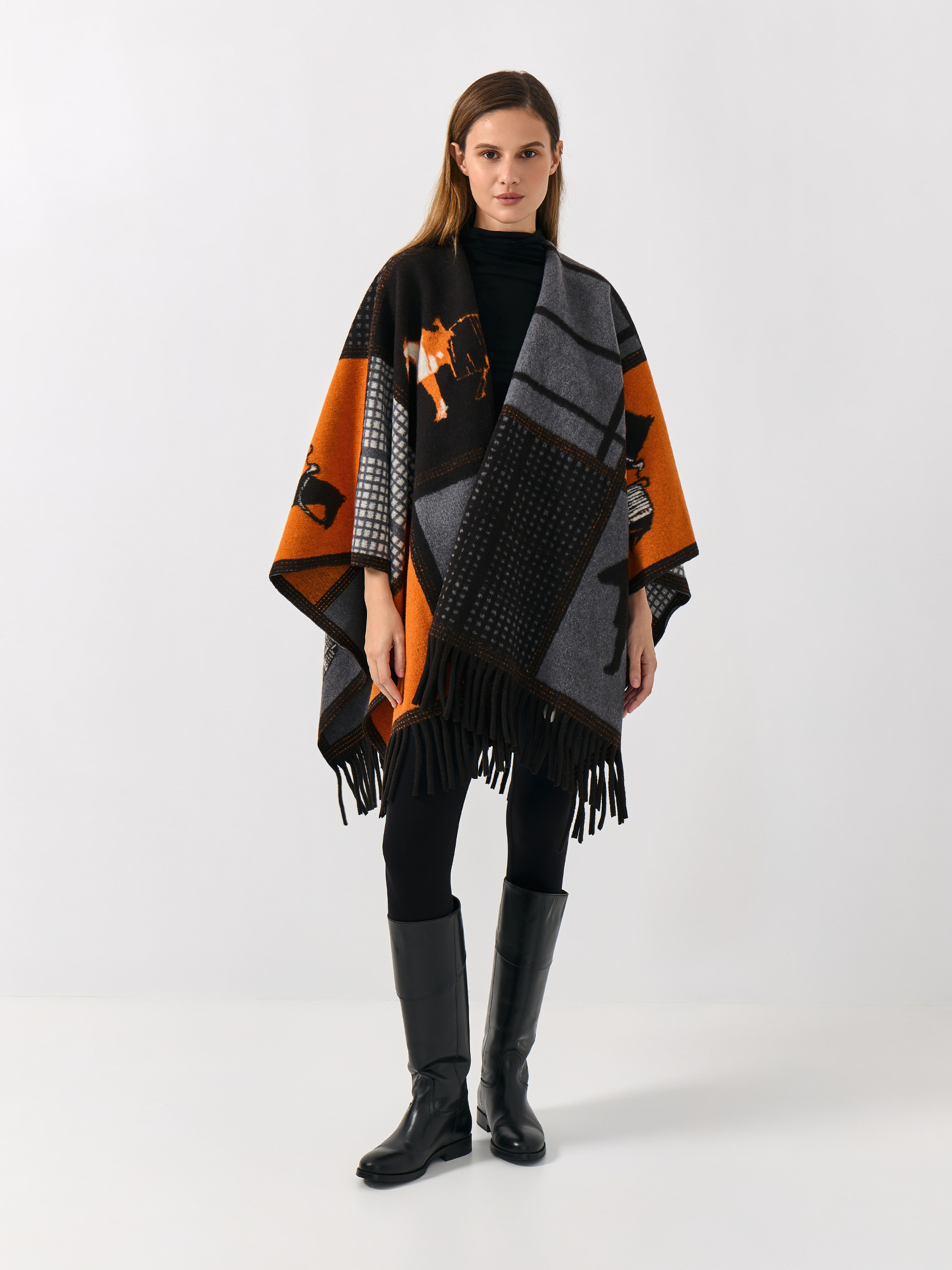 Пончо, 130х160 см, с бахромой, полиэстер, черно-оранжевое, Лошадь, Poncho, image-2