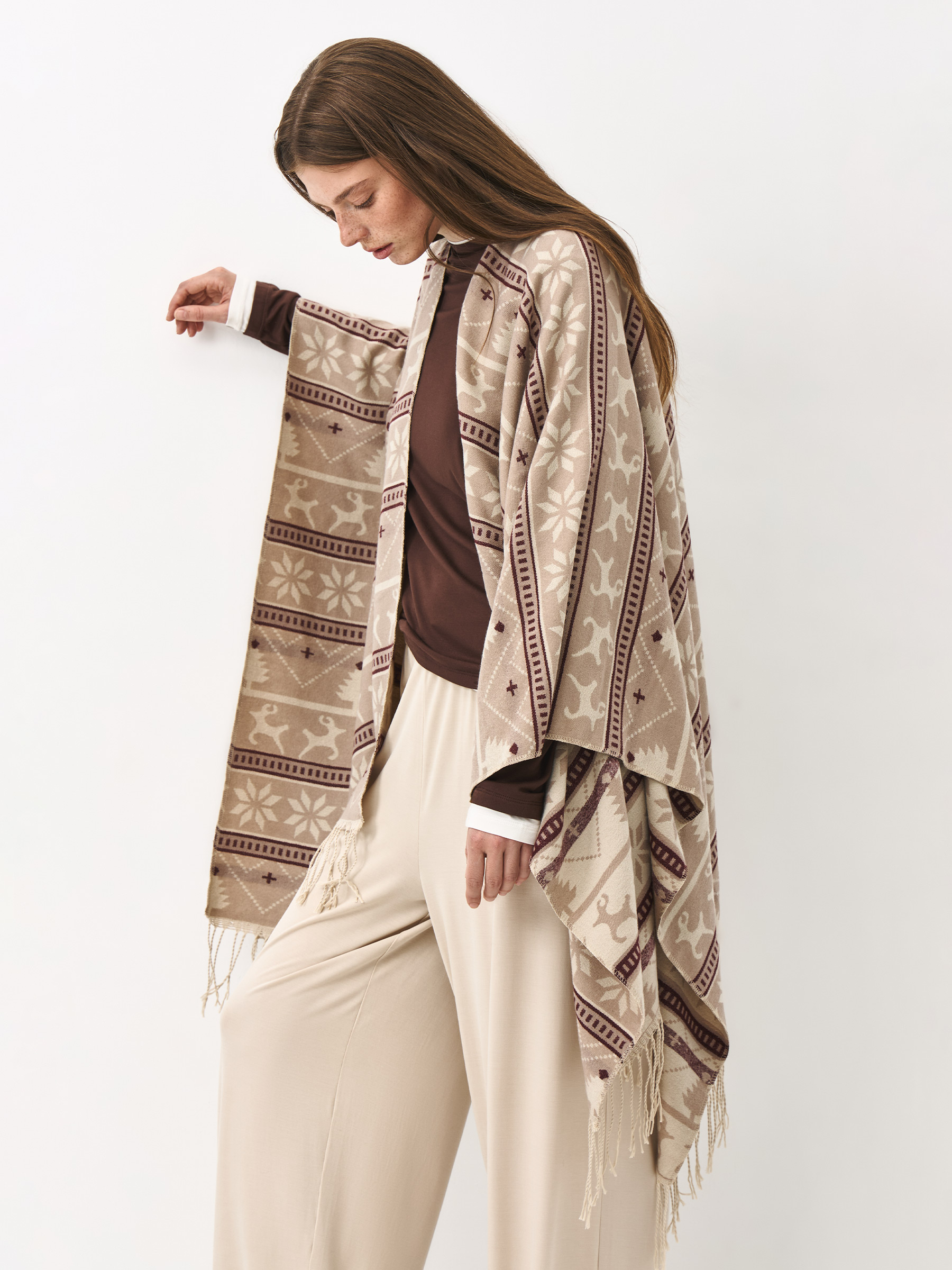 Пончо с бахромой, бежевое, Poncho, image-5