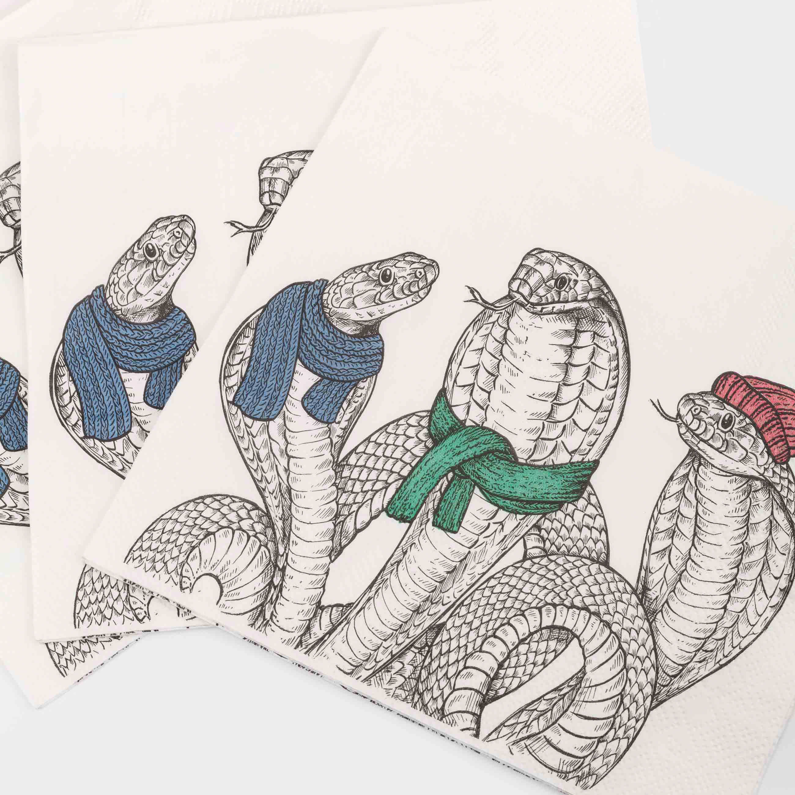 Салфетки бумажные, 33х33 см, 20 шт, квадратные, белые, Змеи в шарфах и в шапке, Snake trio, image-4