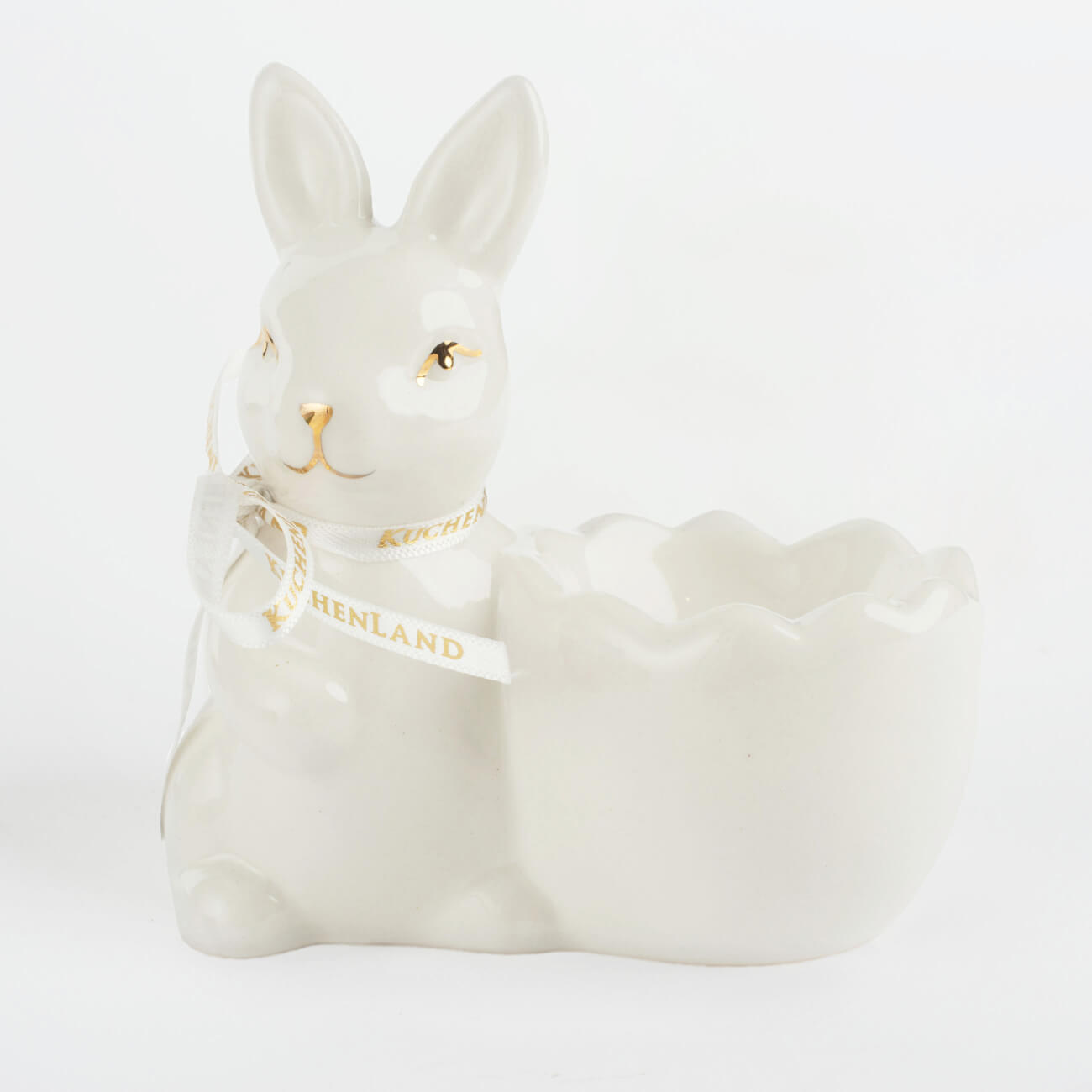 Подставка для яйца, 10 см, керамика, бело-золотистая, Кролик со скорлупкой, Easter gold подставка для яйца