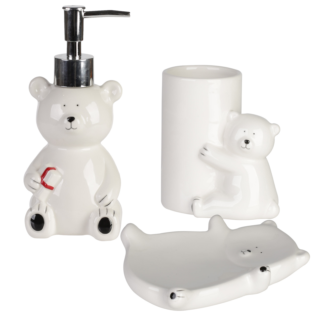 Набор для ванной, 3 пр, детский, керамика/пластик, белый, Медвежонок, Forest animals - фото 1