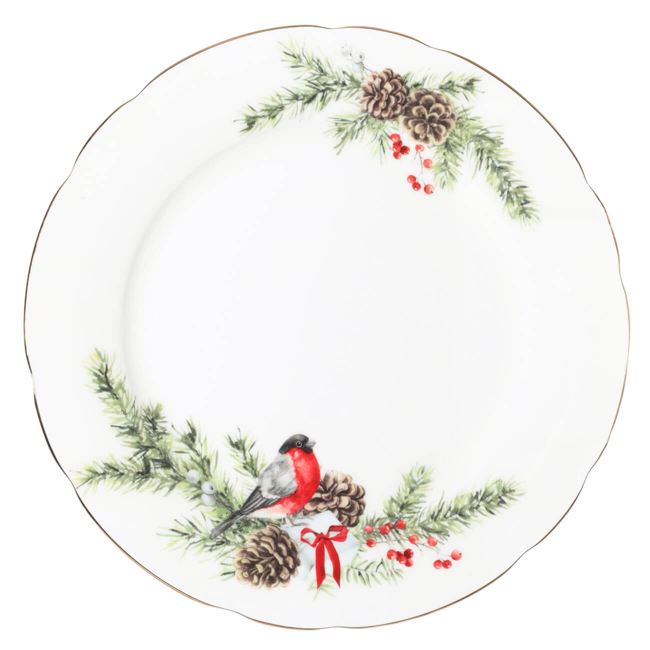 Тарелка обеденная, 27 см, фарфор F, Снегирь и шишки, Christmas miracle изображение № 1