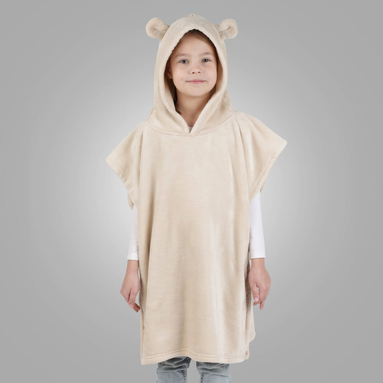 

Пончо детское, 80х80 см, с капюшоном, флис, бежевое, Ушки, Fleece poncho