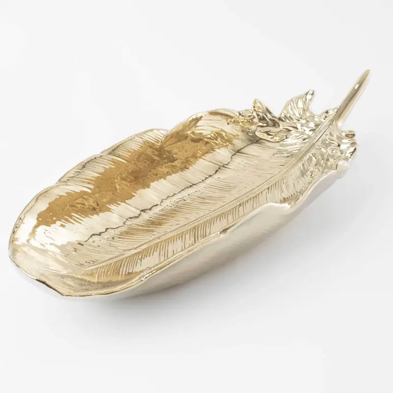 Блюдо декоративное, 36х13 см, фарфор P, золотистое, Перо, Feather ,image-0