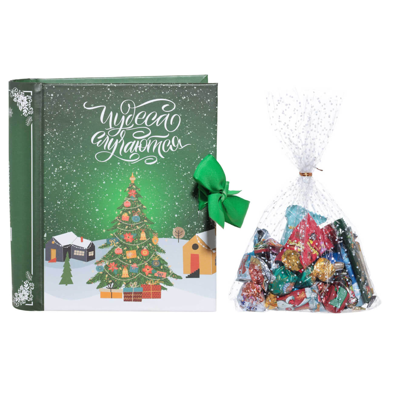 Коробка с конфетами, 12х14 см, 109 гр, зеленая, Ассорти, Книга, Christmas