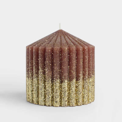 Свеча, 10 см, цилиндрическая, с блестками, коричнево-золотистая, Ribbed candle ,image-0