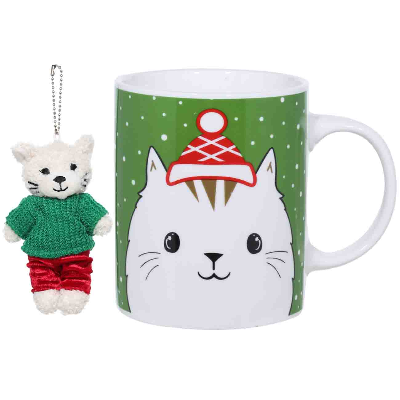 

Кружка, 350 мл, с брелоком, фарфор N/полиэстер, зеленая, Кот в шапке, Cat