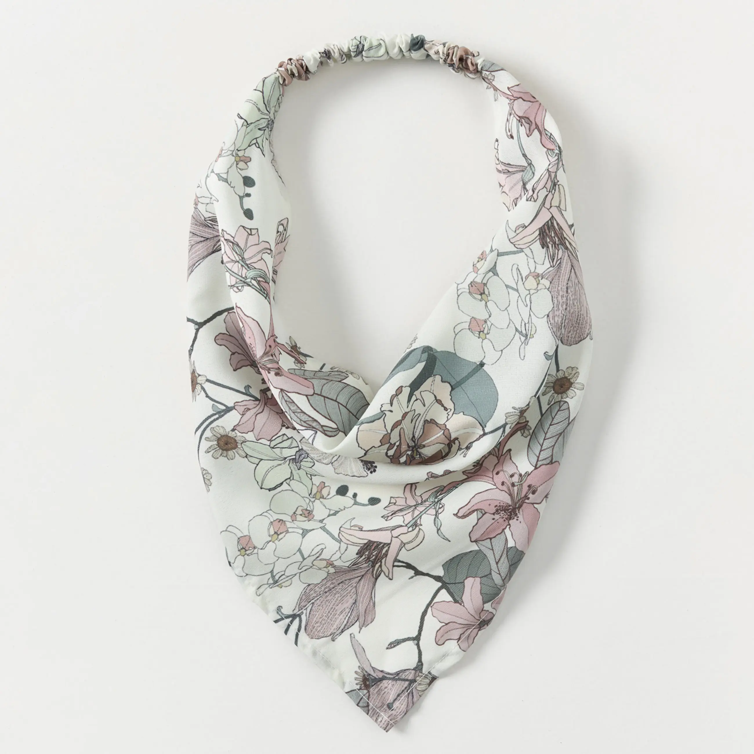 Бандана, 30 см, на резинке, полиэстер, белая, Цветы и листья, Kerchief
