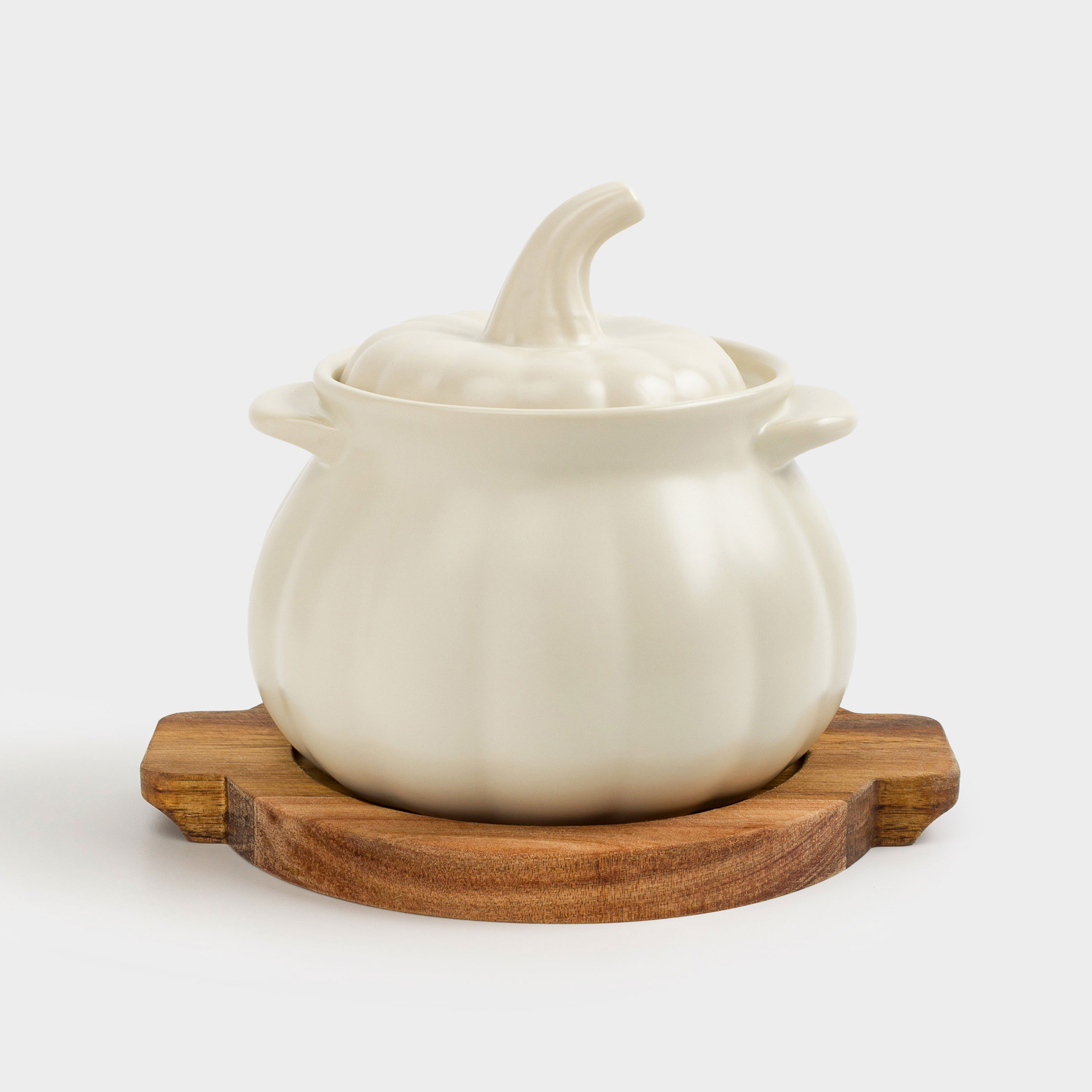 Кокотница 13 см 530 мл с крышкой на подставке керамикадерево кремовая Тыква Gourd 1390₽