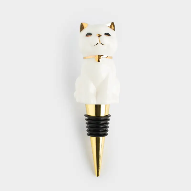 Пробка для винной бутылки, 13 см, сталь/фарфор P, бело-золотистая, Кошка, Cat