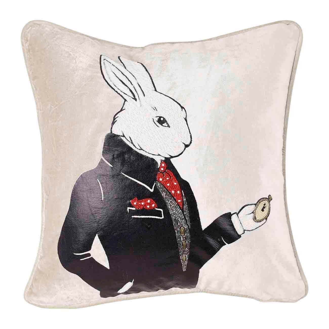 Подушка декоративная, 45х45 см, вельвет/бисер, бежевая, Кролик с часами, Rabbit