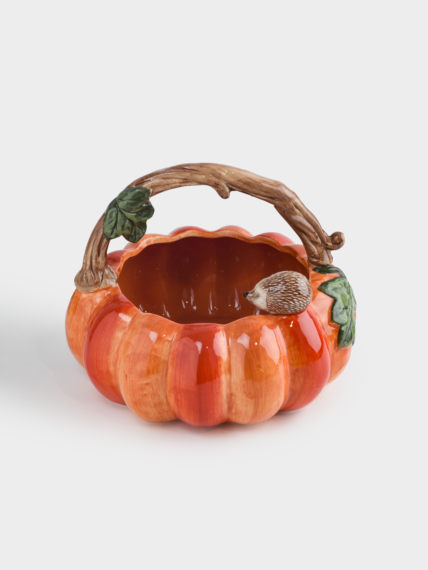 Конфетница, 23х19 см, с ручкой, керамика, оранжевая, Еж на тыкве, Forest symphony, image-4