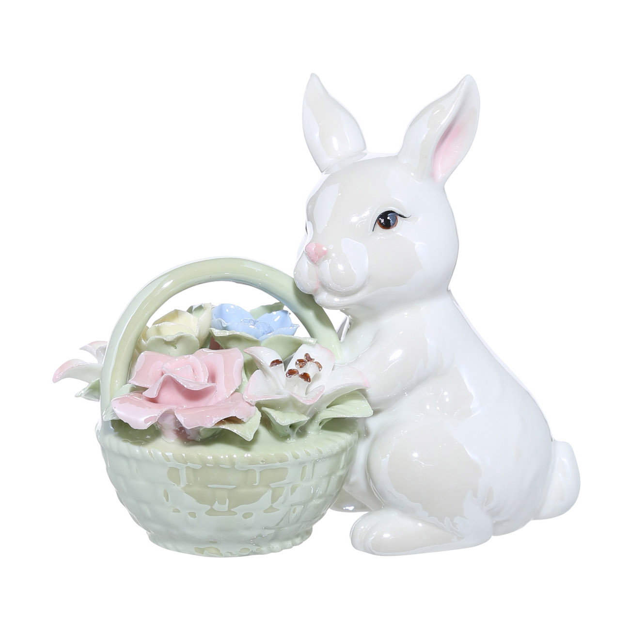 

Статуэтка, 12 см, керамика, белая, перламутр, Кролик с корзиной цветов, Easter
