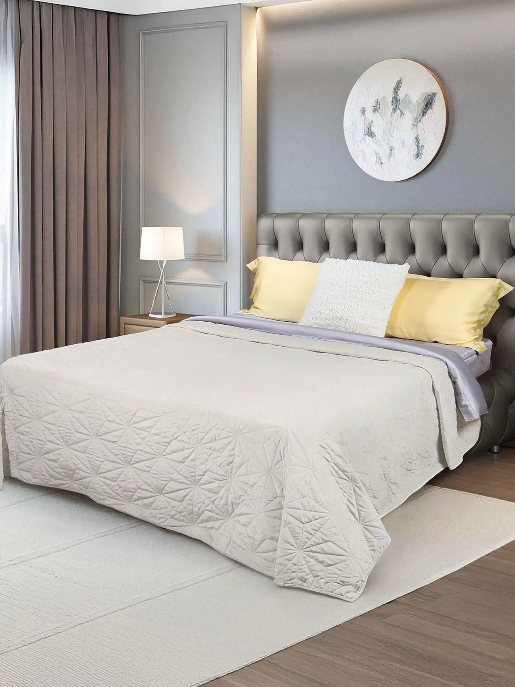 Покрывало, 220х240 см, стеганое, вельвет/микрофибра, бежевое, Toulouse, Stitch velvet