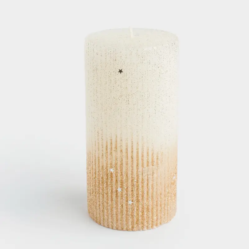 Свеча, 15 см, цилиндрическая, с блестками, молочно-золотистая, Ribbed candle, image-0