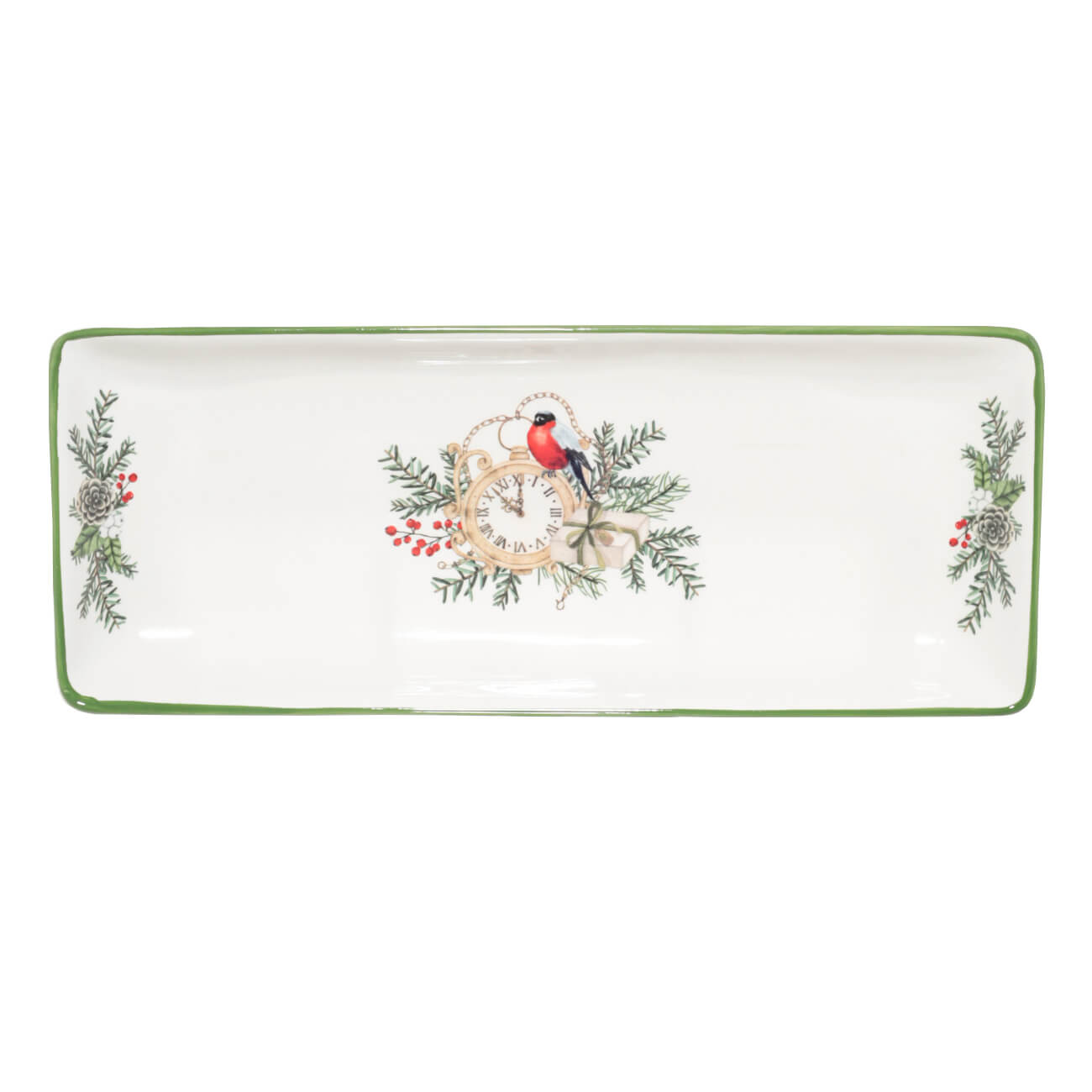 

Блюдо, 33х13 см, керамика, прямоугольное, Часы и снегирь, Christmas green