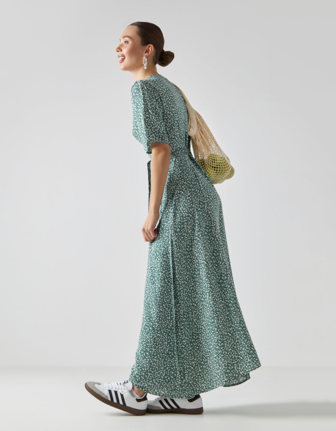 Платье женское, миди, р. S, с коротким рукавом, на запах, вискоза, зеленое, Цветы, Marcia