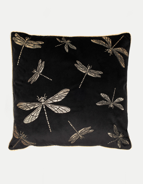 Подушка декоративная, 45х45, вельвет, с кантом, черная, Стрекозы, Dragonfly