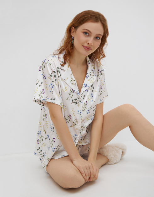 Рубашка женская, домашняя, р. XL, с коротким рукавом, полиэстер, белая, Полевые цветы, Merri
