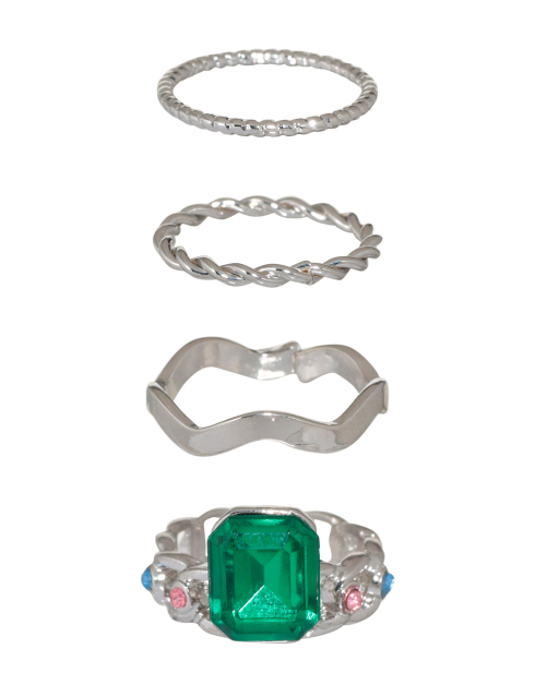 Набор колец, р. S-M, 4 шт, металл/стекло, серебристый, Зеленый кристалл, Mineral