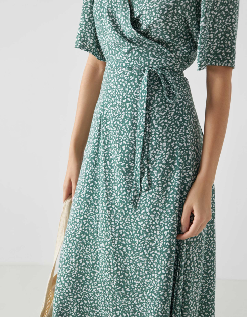 Платье женское, миди, р. XL, с коротким рукавом, на запах, вискоза, зеленое, Цветы, Marcia
