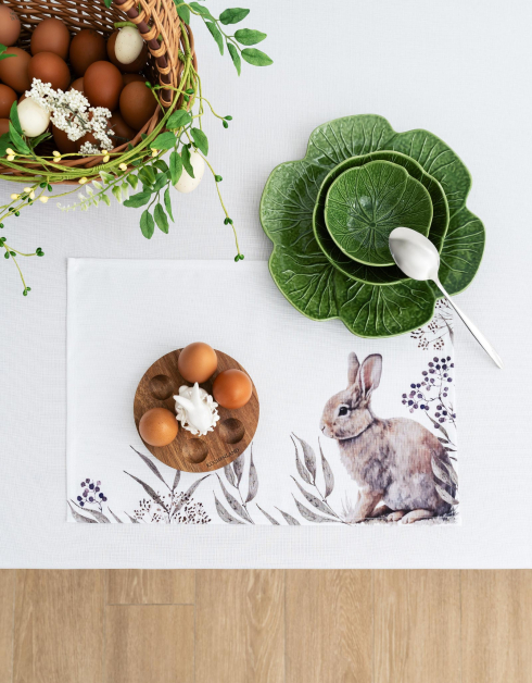 Салфетка под приборы, 30x45 см, полиэстер, белая, Кролик в листве, Natural Easter