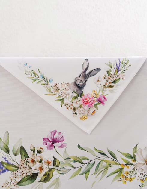 Салфетка под приборы, 30x45 см, полиэстер, прямоугольная, белая, Кролик в цветах, Easter