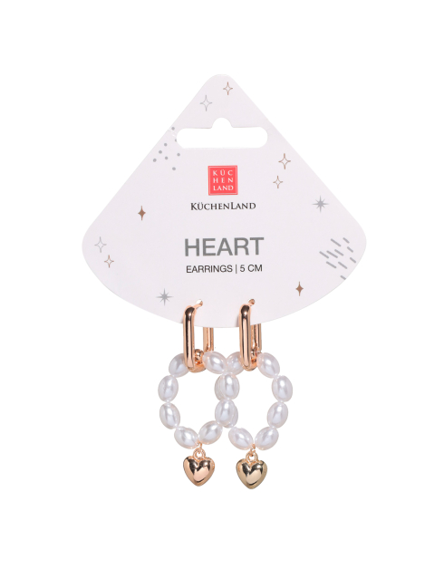 Серьги, 5 см, 2 шт, металл/пластик, золотистые, Сердца и белые камни, Pearl heart