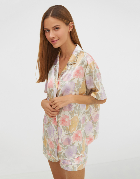 Рубашка женская, домашняя, р. S, с коротким рукавом, полиэстер/эластан, белая, Цветы, Kay