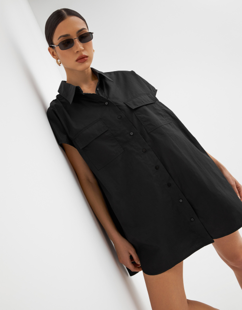 Платье-рубашка женское, мини, р. XL, с коротким рукавом, хлопок, черное, Ottavia