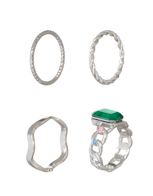 Набор колец, р. S-M, 4 шт, металл/стекло, серебристый, Зеленый кристалл, Mineral